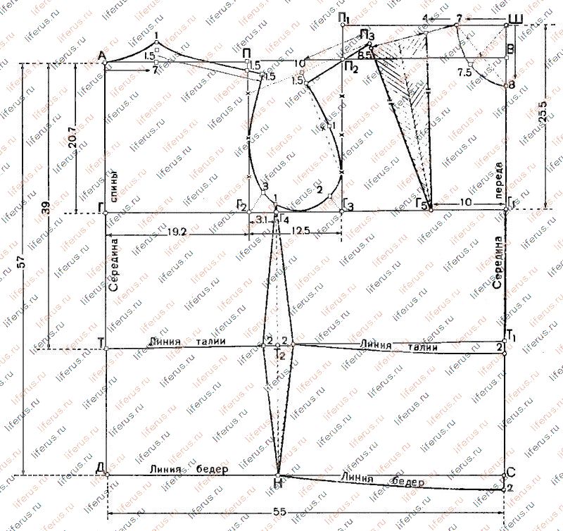 Чертеж выкройки женской блузки с нагрудной вытачкой от плеча (основа) .